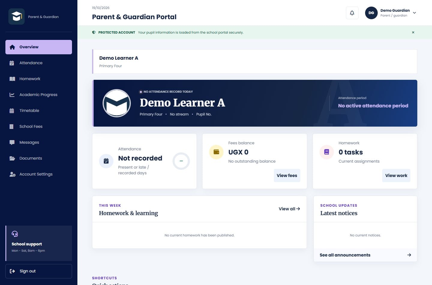 Genuine Parent portal interface displaying fictional demonstration records only