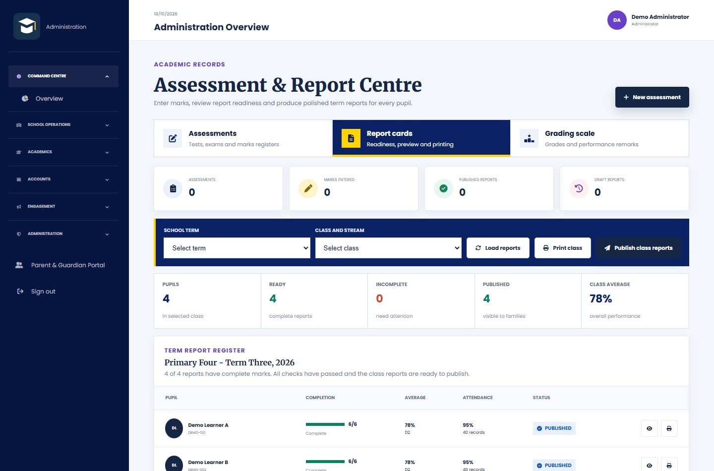 Genuine Academic reports interface displaying fictional demonstration records only